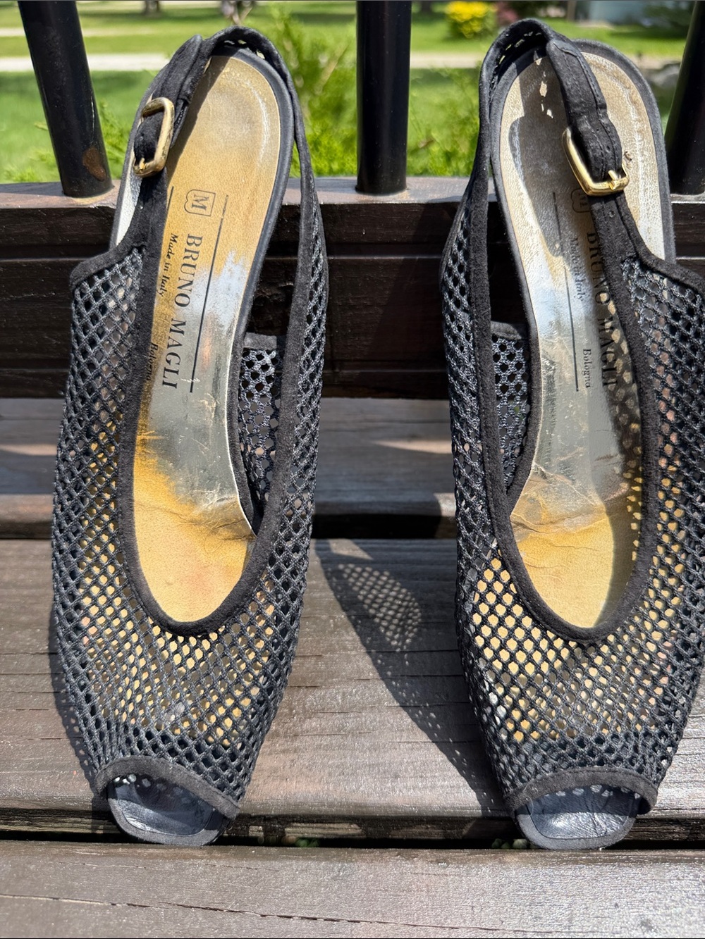 Bruno Magli Black Mesh Slingback Flat with Gold Buckle